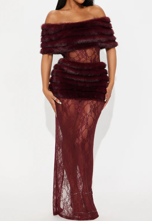 Demure Faux Fur Occasion Lace Dress